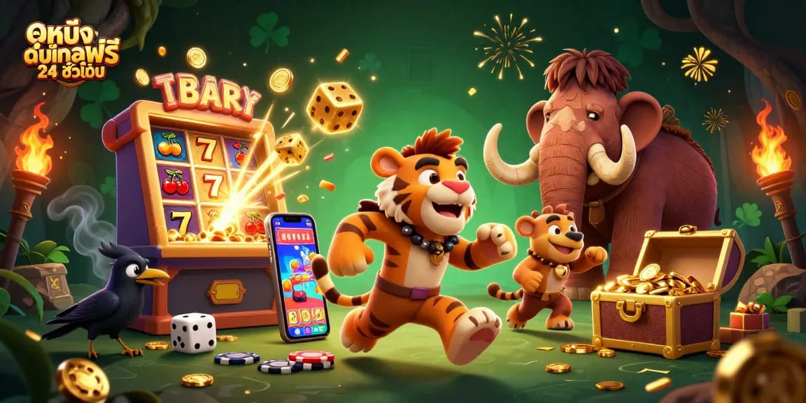 Experience thrilling fun with ดูหนังออนไลน์ฟรี 24 ชั่วโมง in this vibrant casino scene with 3D cartoon characters.