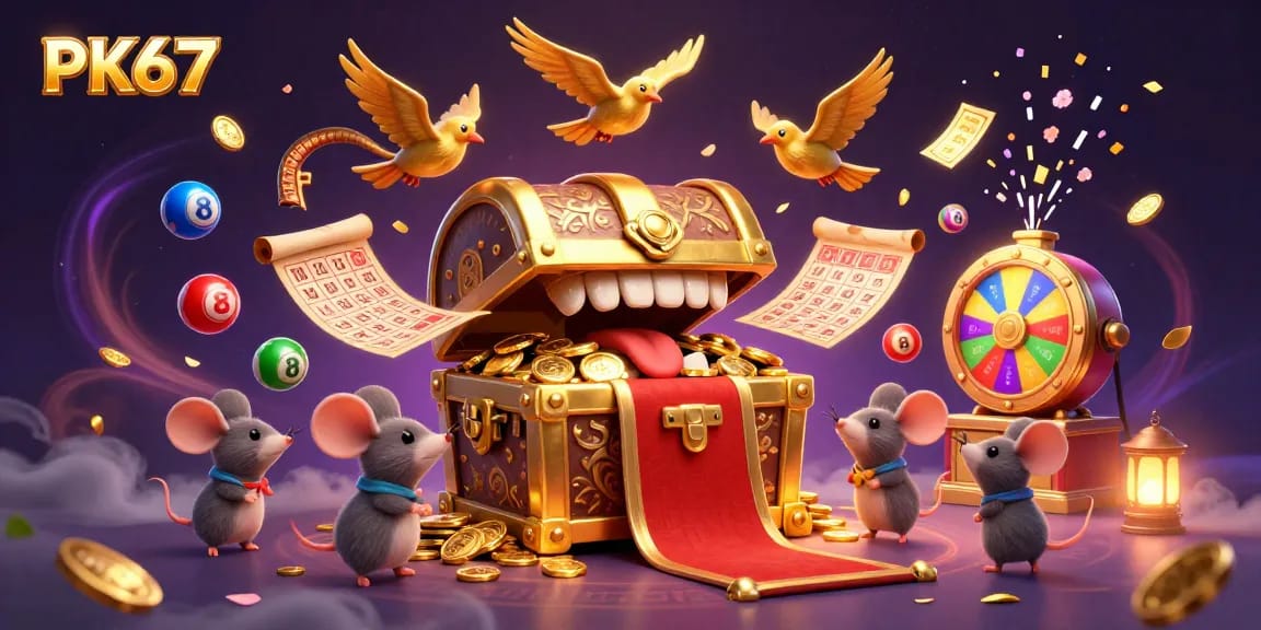 Engage with PK67’s vibrant lottery scene featuring colorful elements and treasures for players.