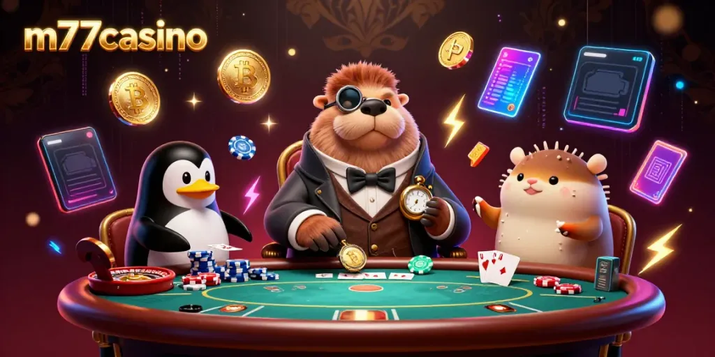 Visualisasikan m77casino dengan walrus dan dealer penguin di meja poker bawah laut.