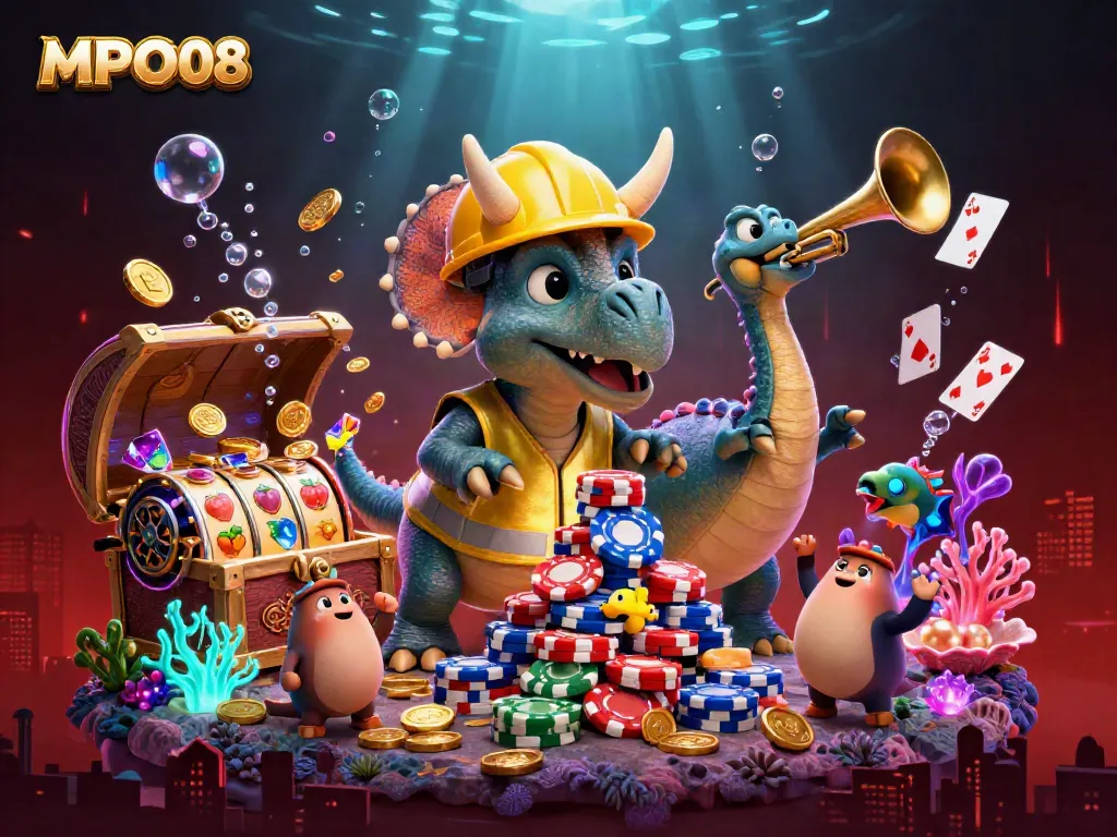 MPO08 triceratops builds poker chip pyramid with joyful dinosaurs in a vibrant casino world