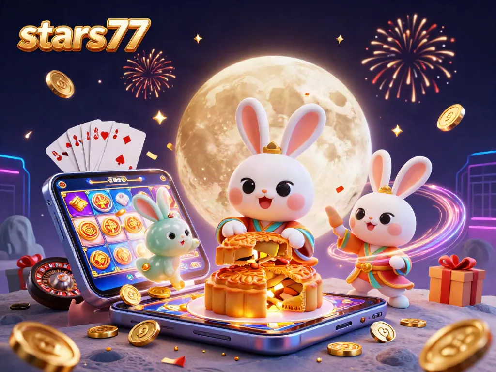 stars77 menampilkan ilustrasi 3D kartun dengan kelinci bulan memukul kue di bulan, dikelilingi elemen kasino.