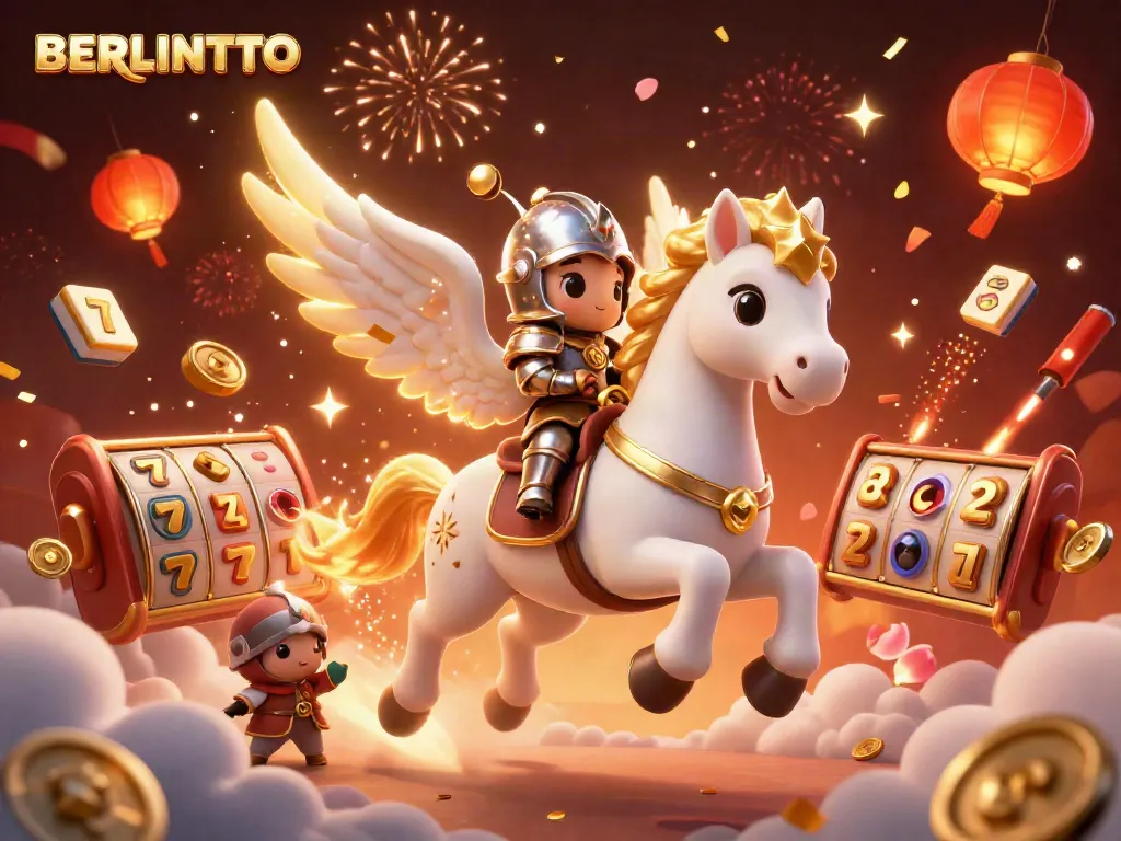 Experience the thrill of BERLINTOTO with a celestial horse and knight amidst captivating slot game elements.