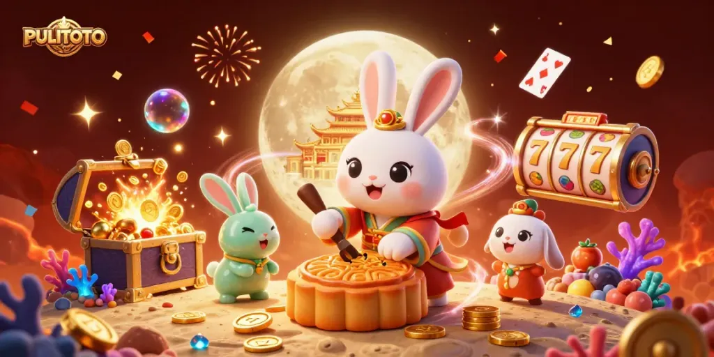 PULITOTO features a captivating scene of a moon rabbit creating golden mooncakes revealing poker chips, combined with festive casino elements.