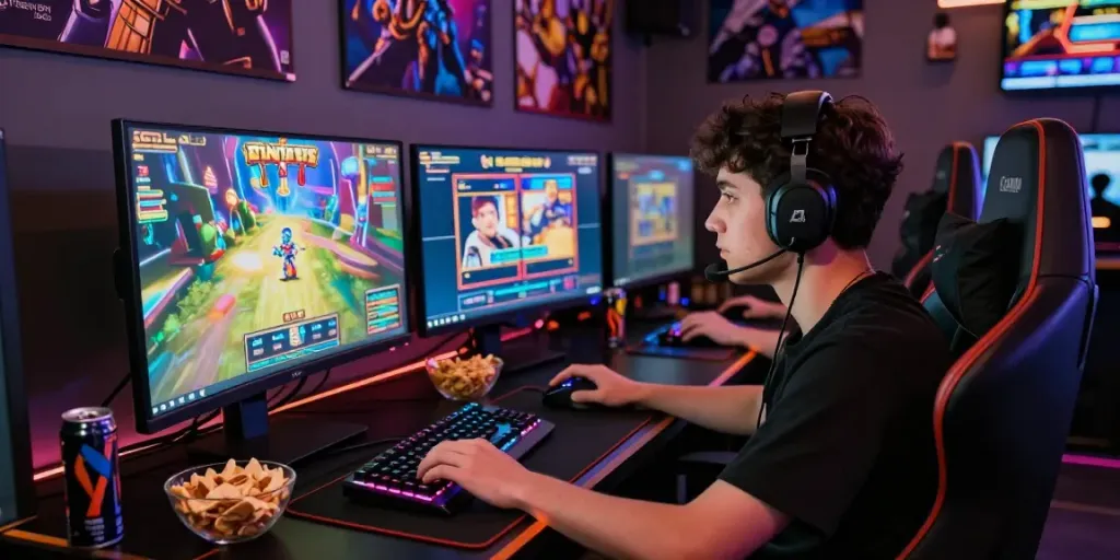 Seorang pemain bersemangat dalam sesi permainan sniperslot, dengan perangkat gaming lengkap.