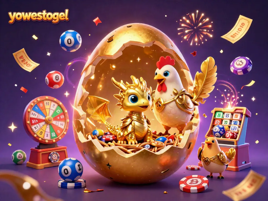 Experience the excitement of yowestogel with a colorful 3D illustration of lottery balls and golden elements.