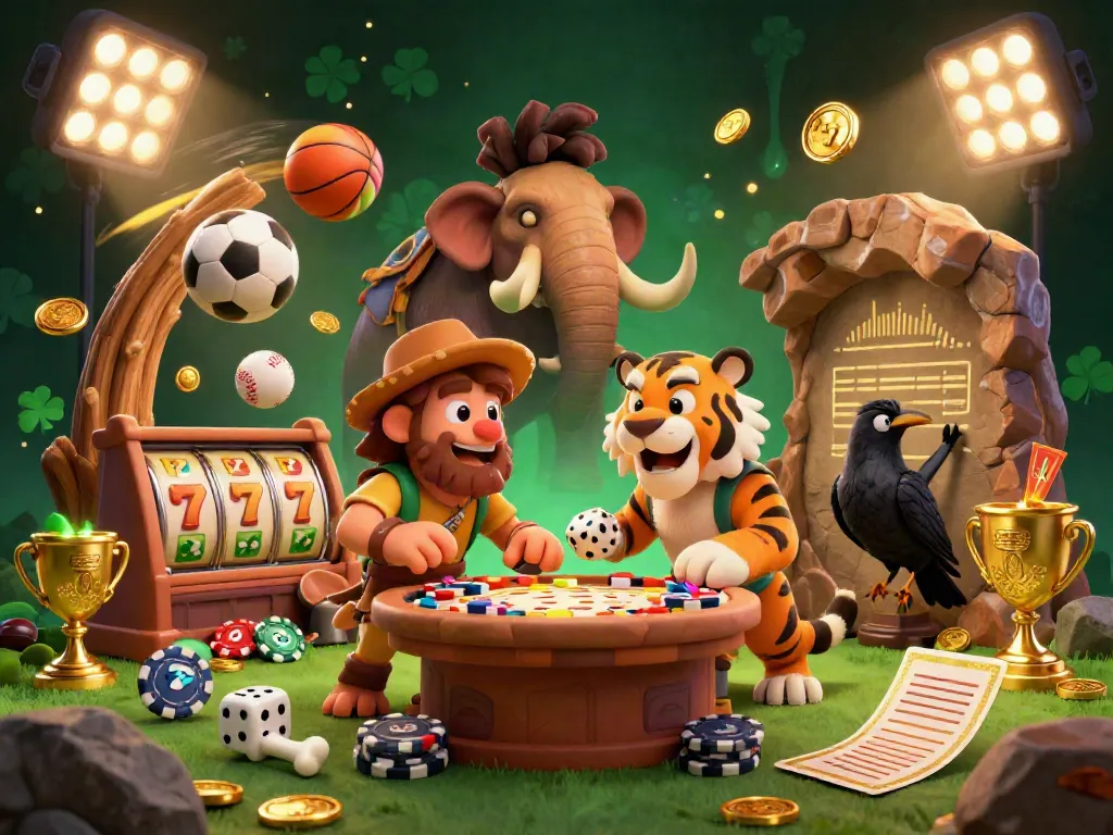 LUCUBET features caveman and sabertooth tiger managing a vibrant prehistoric casino with thrilling slot elements.