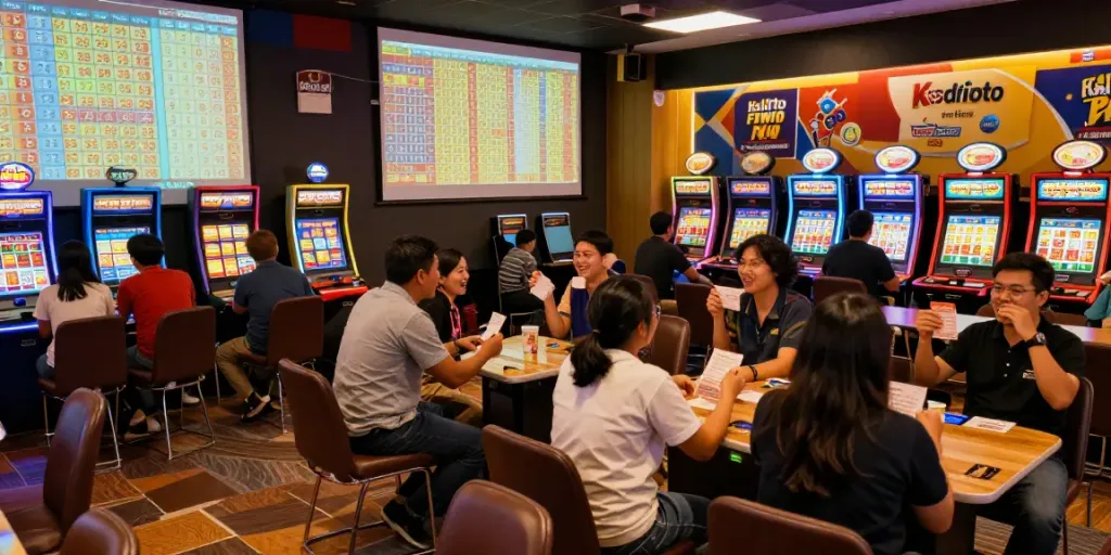 Pemandangan ceria di Kediritoto dengan antusiasme petaruh memeriksa tiket mereka.