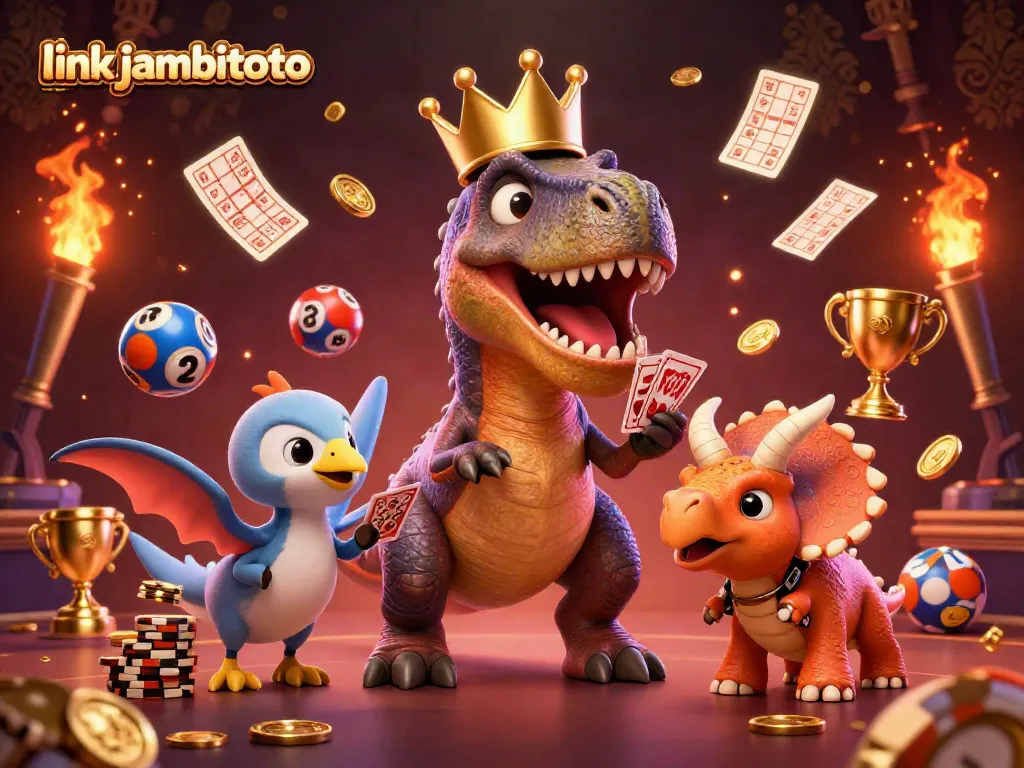 Join the action at link jambitoto with a vibrant 3D cartoon scene of dinosaurs gambling with cards and chips.
