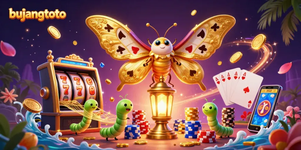 Bujangtoto reveals an exciting online gaming scene with vibrant casino elements and lively character interactions.