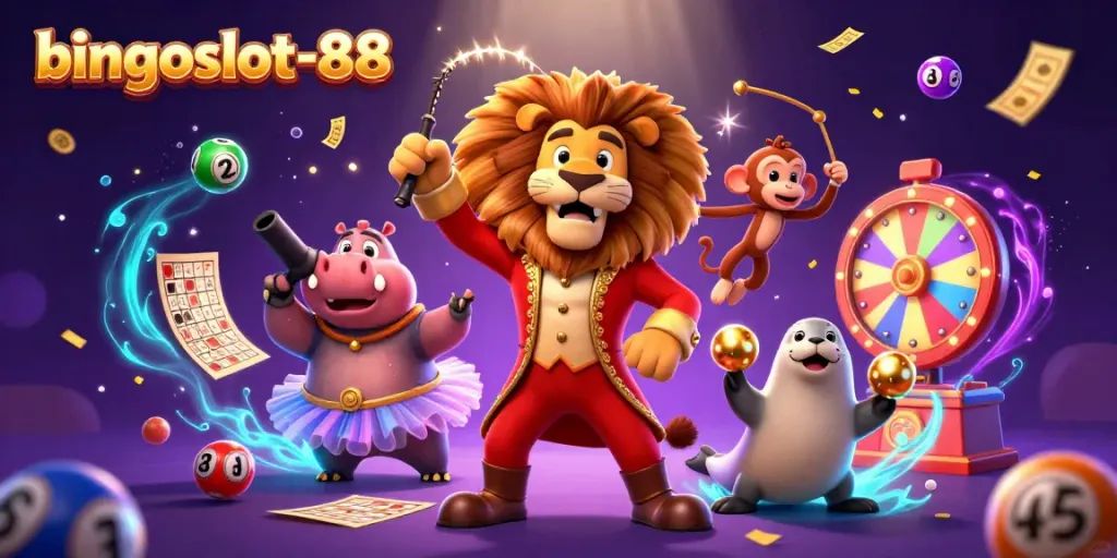 Pengalaman keseruan bingoslot-88 dengan karakter sirkus dan elemen permainan dalam ilustrasi 3D yang menarik.