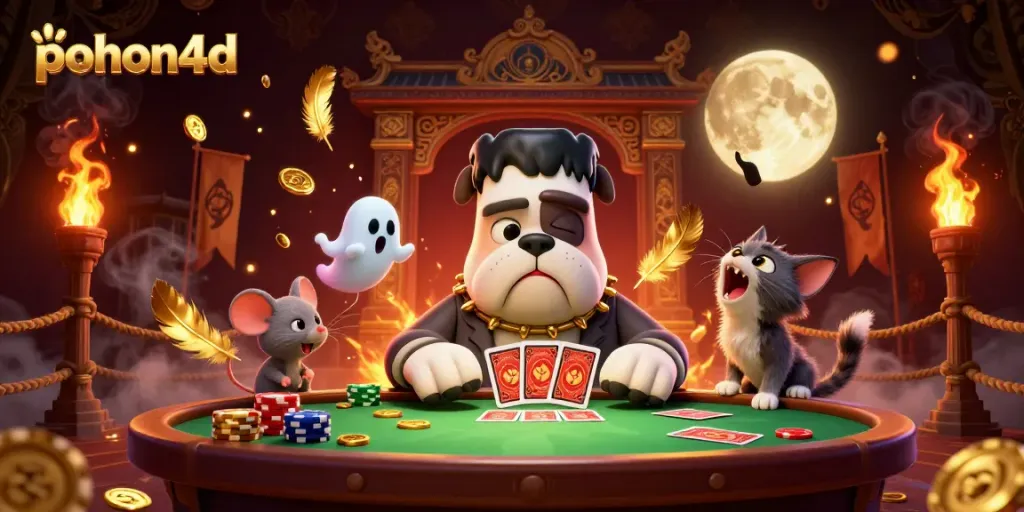 Engage in thrilling card games at pohon4d with a spooky 3D illustration highlighting fun and excitement.