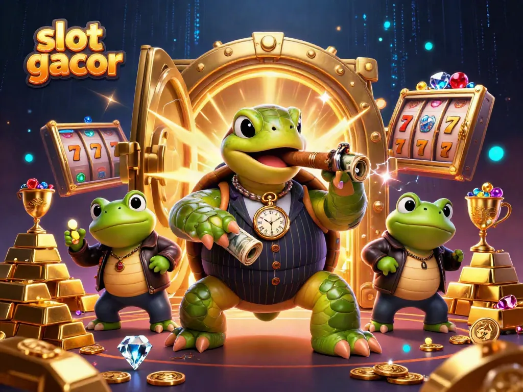 Experience the excitement of slot gacor with a turtle mobster in a lavish casino scene.
