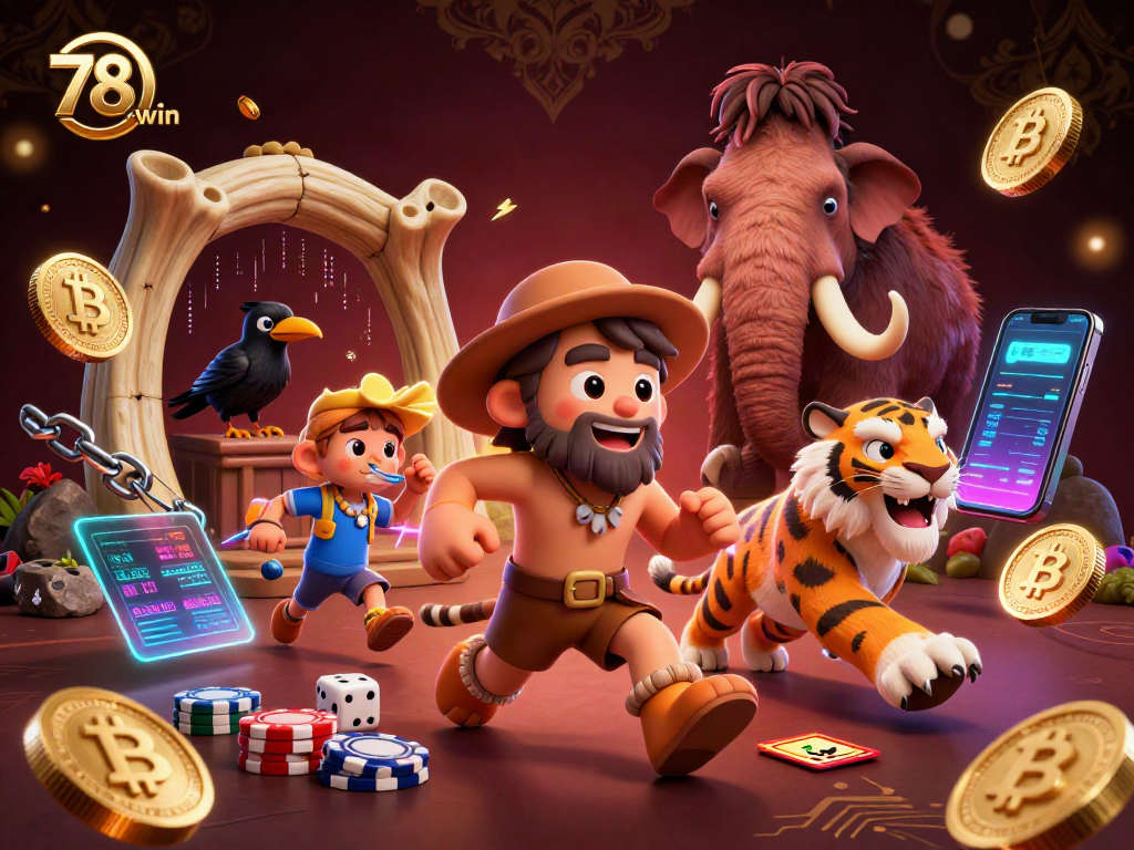 Engage with 78win's dynamic prehistoric casino featuring cryptocurrency elements and vibrant 3D characters.