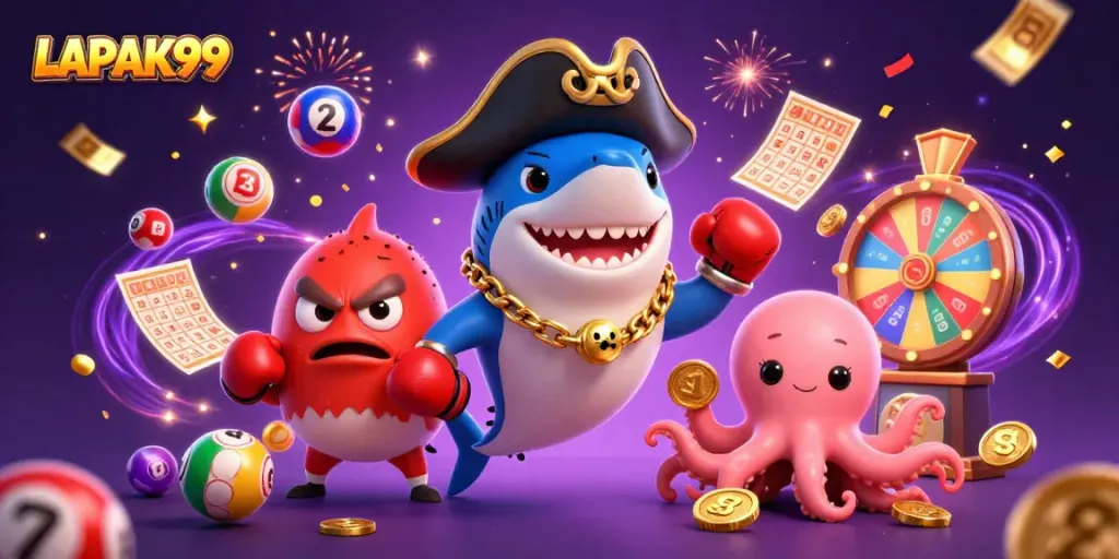 LAPAK99 offers thrilling lottery experiences with a vibrant 3D illustration featuring dynamic characters.