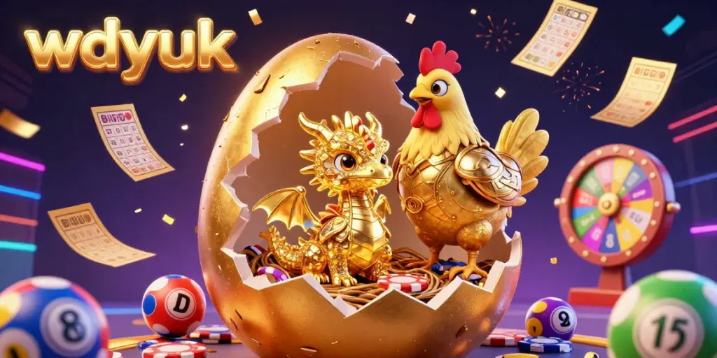 Experience the thrilling action of wdyuk, featuring a golden dragon and lottery elements in a vibrant casino atmosphere.