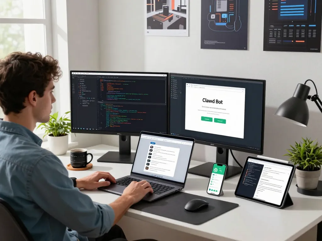 Developer using Clawd Bot in a modern workspace to automate tasks and manage messaging.