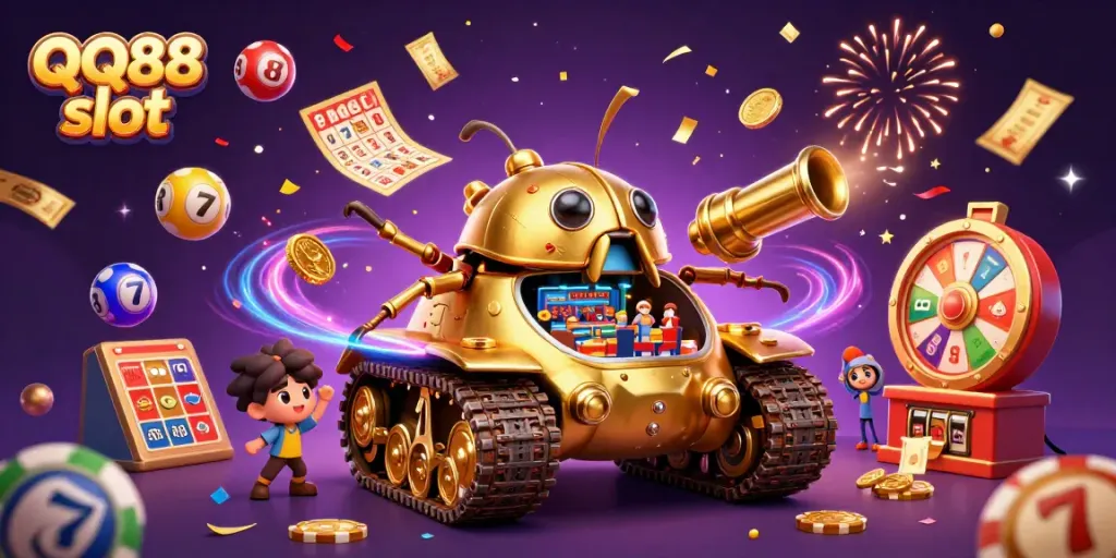 Spin the QQ88 slot for massive wins in this ultra-detailed 3D casino scene filled with colorful elements.