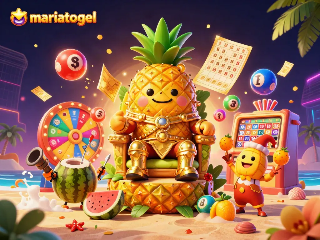 Engage in electrifying casino fun with mariatogel's vibrant lottery scene featuring colorful lottery balls and tropical characters.