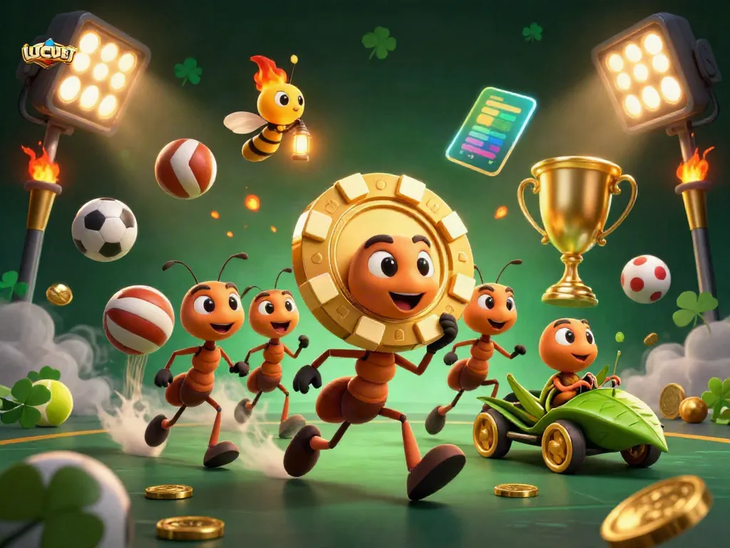 Join the LUCUBET heist with ants carrying a giant golden poker chip amidst sports elements.