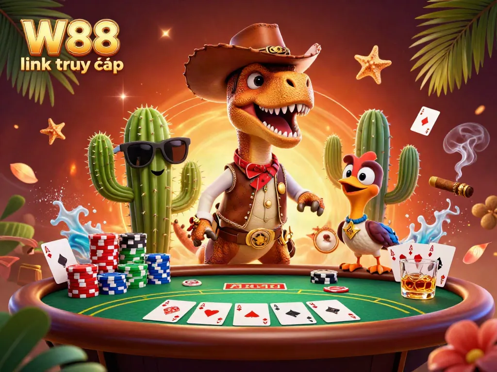 Play poker with W88 link truy cập as T-Rex cowboy dinosaur interacts with casino elements.