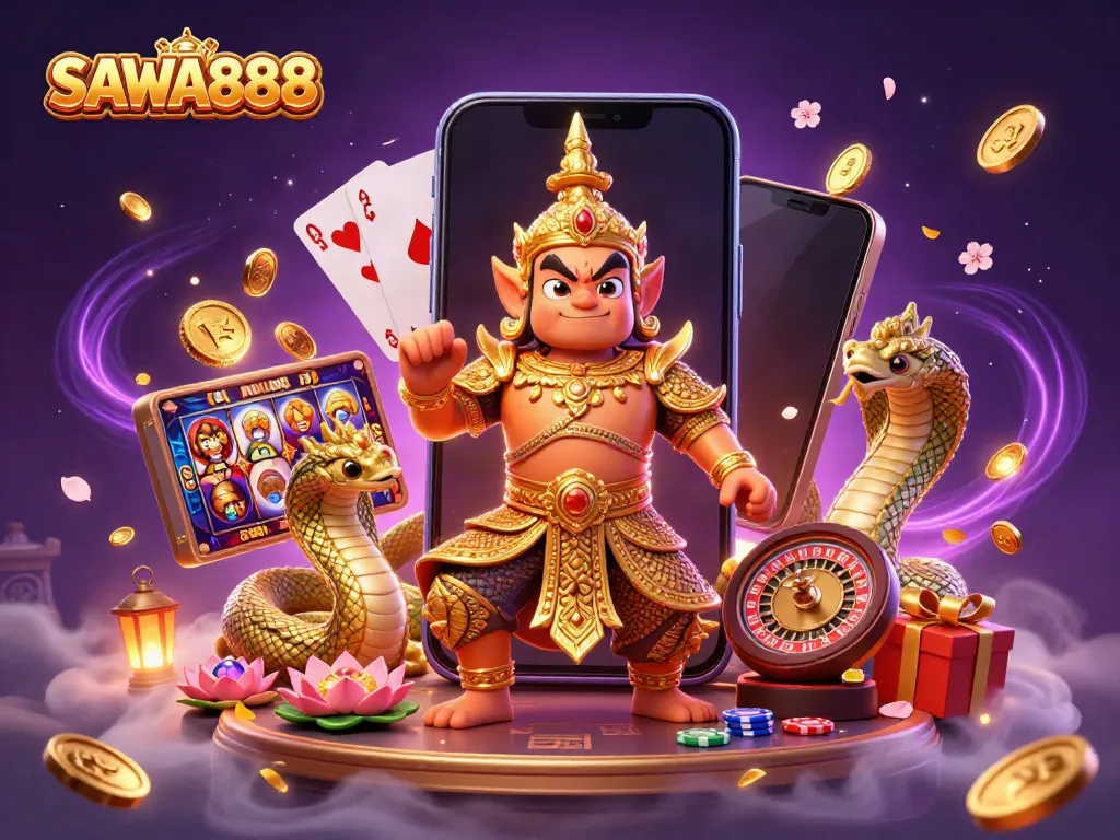 Engage in thrilling gameplay with SAWA888, featuring a guardian and Naga companions amidst vibrant slot games and glowing treasures.