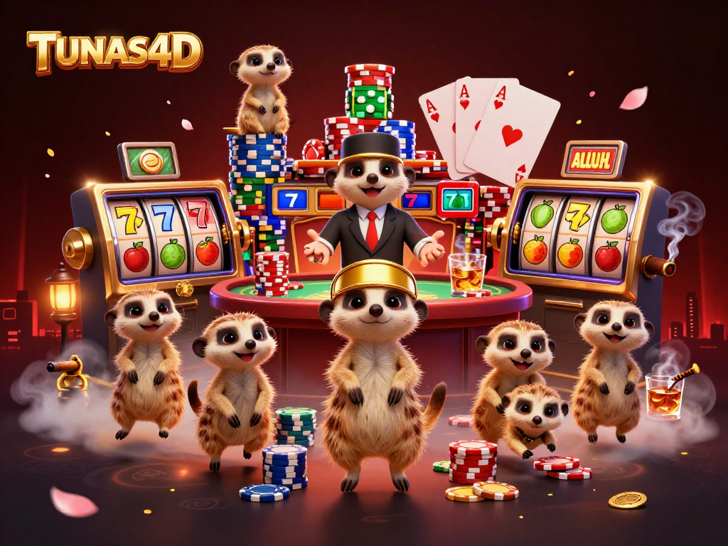 TUNAS4D meerkats running a lively casino with vibrant slot elements, chips, and engaging game atmosphere.