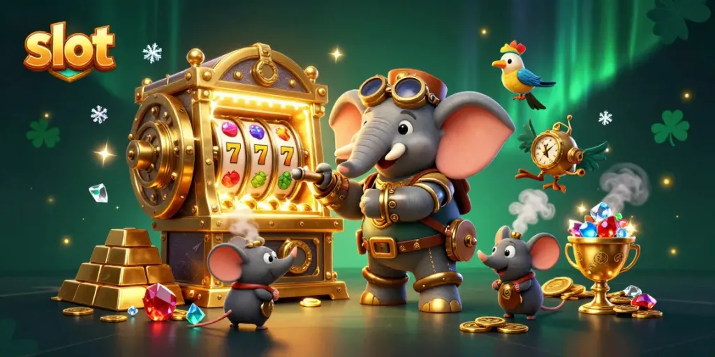 Slot memenangkan jackpot dengan mesin slot berkilau dikelilingi harta karun dan karakter unik.