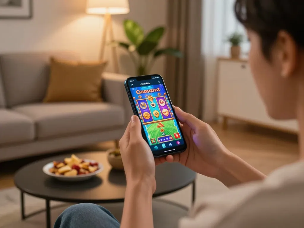 Berinteraksi dengan aplikasi mobile ondel4d untuk permainan slot yang mengasyikkan di rumah, menggambarkan suasana permainan yang nyaman.