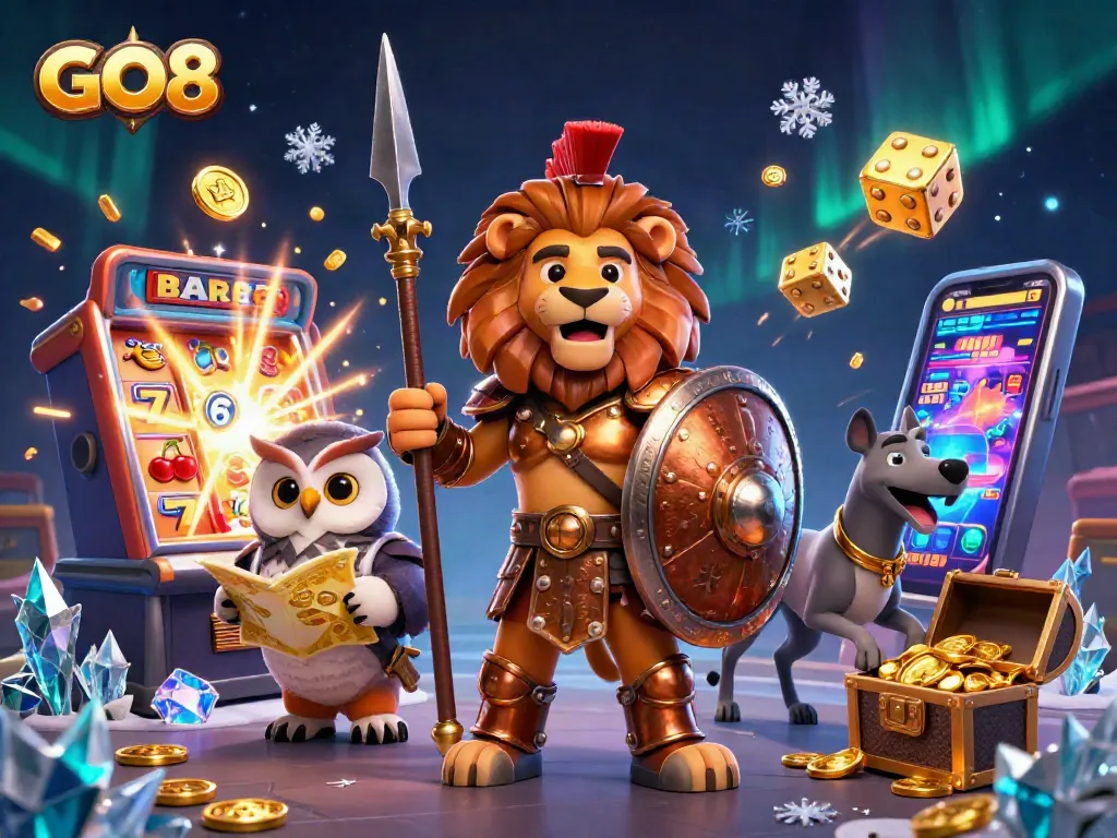 Spin to win with GO8 at the slots, featuring a Spartan lion and mystical treasures.