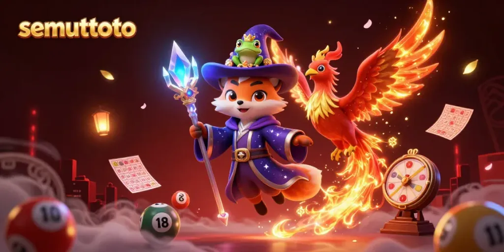 Semuttoto menampilkan penyihir dan phoenix yang terbang di atas bola lotere dan kartu bingo.