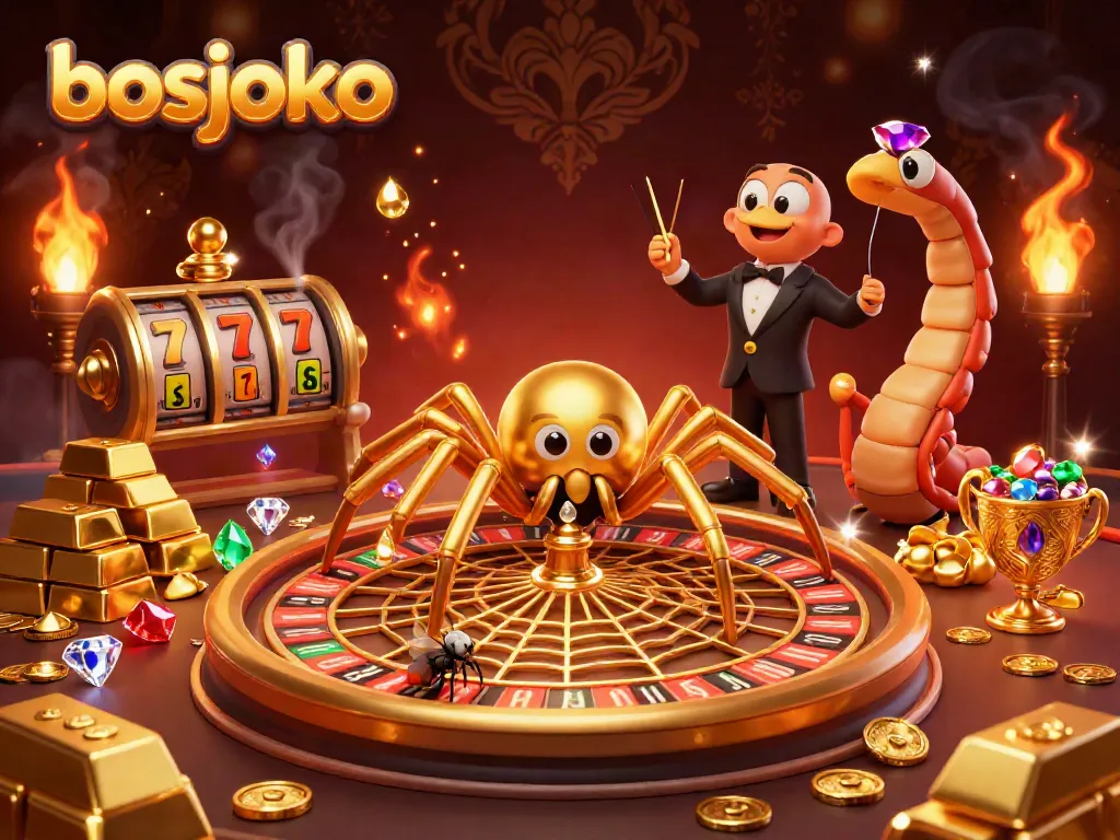 Experience the vibrant world of bosjoko's online casino; a golden spider spins luck with exciting slot reels.