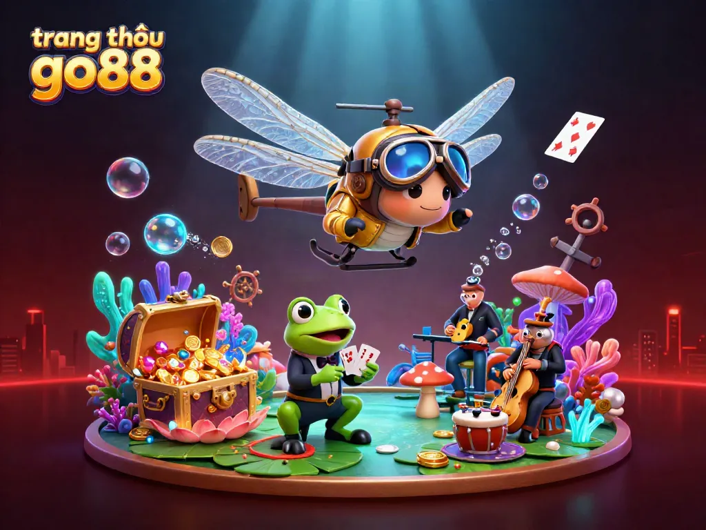 Experience the thrill at trang chủ go88 as the dragonfly pilot and frog croupier set the scene in a vibrant casino.