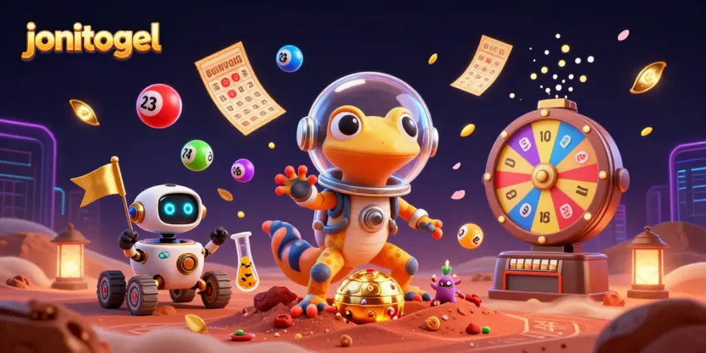 Experience the excitement of jonitogel with vibrant lottery elements and a playful Martian gecko!