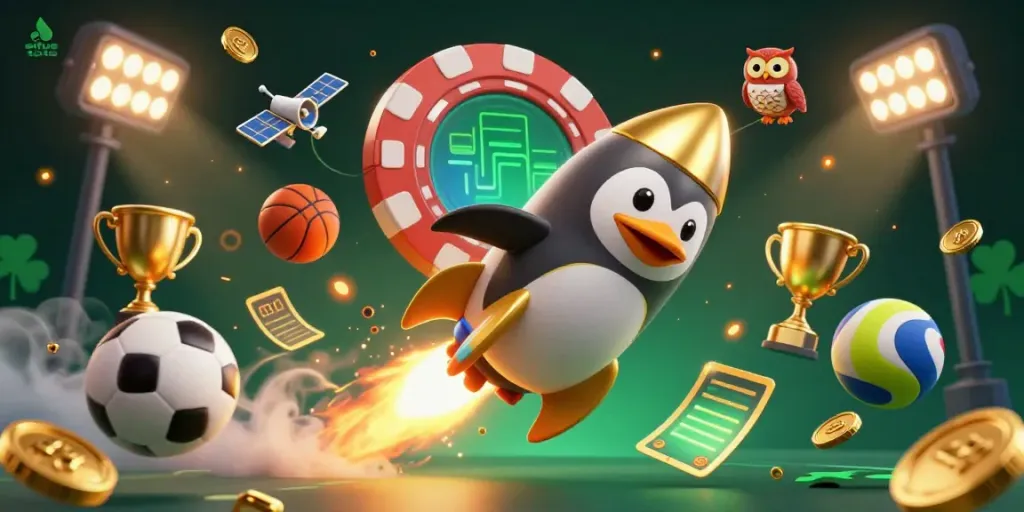 Engage with the dynamic situs toto scene showcasing a golden penguin and vibrant sports elements in a casino universe.