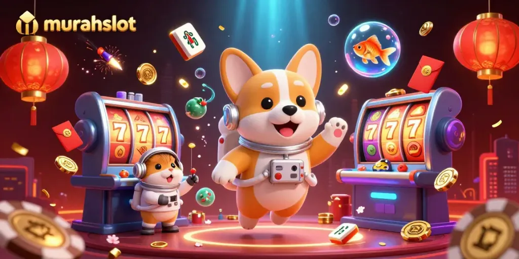 Experience the excitement of murahslot with a vibrant 3D scene featuring a floating corgi astronaut and casino elements.