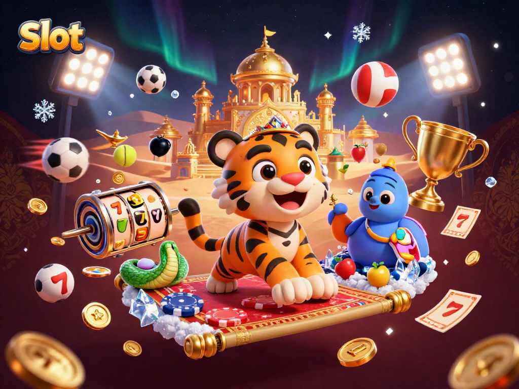 Menangkan slot dengan simbol jackpot dan sultan harimau dalam ilustrasi kasino 3D yang kaya detail.
