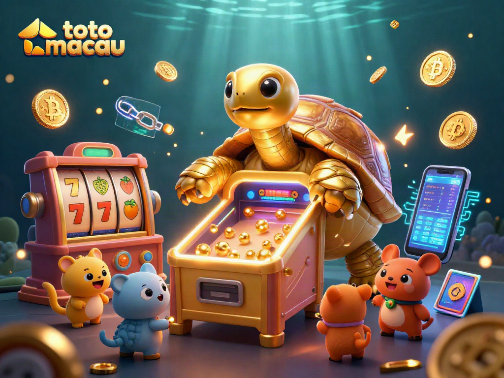 Permainan toto macau menampilkan kura-kura emas kolosal dengan mesin pinball, berfungsi dengan jernih.