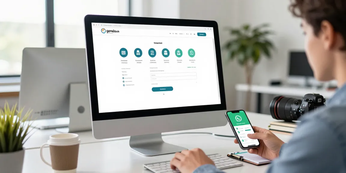 Halaman pusat akses geneia.com dengan pengguna yang berinteraksi, menampilkan fitur login, pendaftaran, dan bantuan pelanggan.