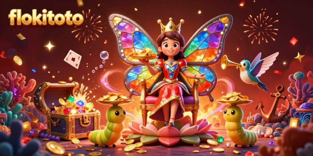 Experience the excitement of flokitoto with the vibrant butterfly queen in a dazzling casino setting.
