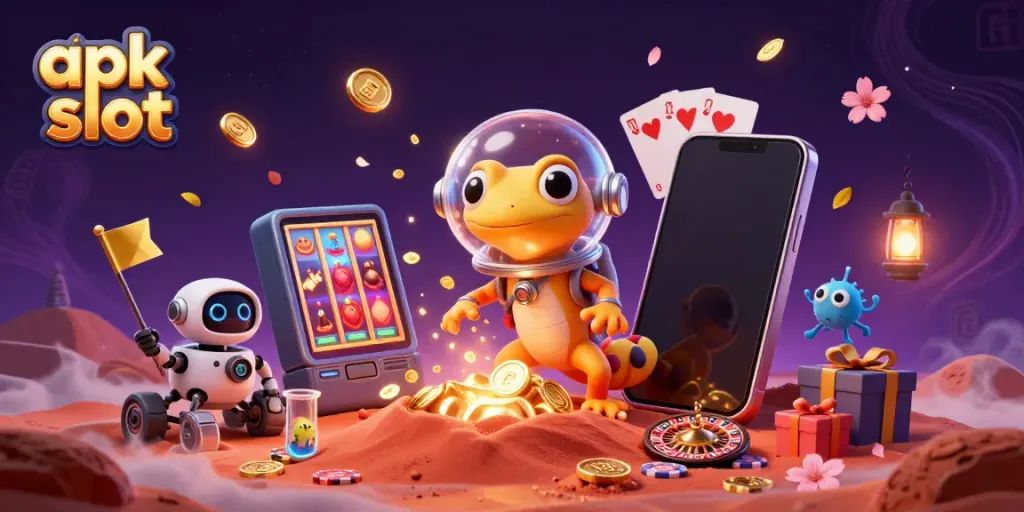 Mainkan apk slot dengan ilustrasi ceria dari karakter Martian gecko dalam kasino emas di Mars.