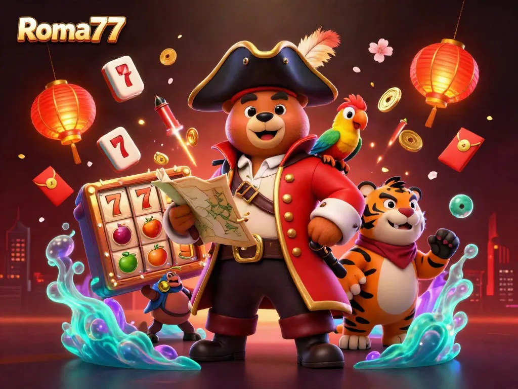 Experience the thrill of Roma77 as a pirate captain bear and tiger explore vibrant slot games with rich visuals.