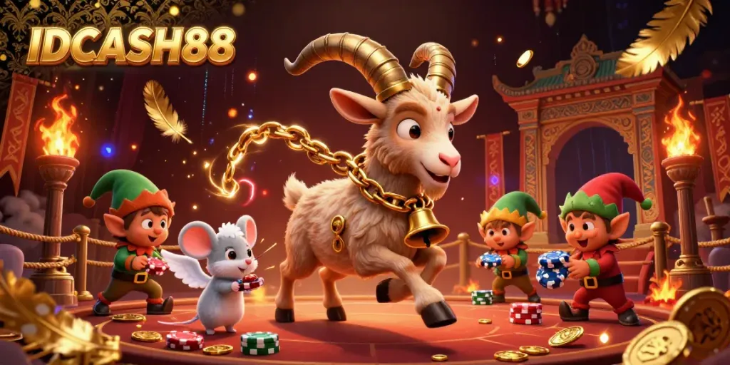 Experience the thrilling IDCASH88 casino with Krampus, angel mouse, and elf gremlins amidst vibrant game elements and festive chaos.