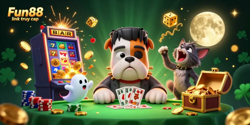 Experience immersive gaming with Fun88 link truy cập featuring a lively casino scene with unique characters and vibrant symbols.