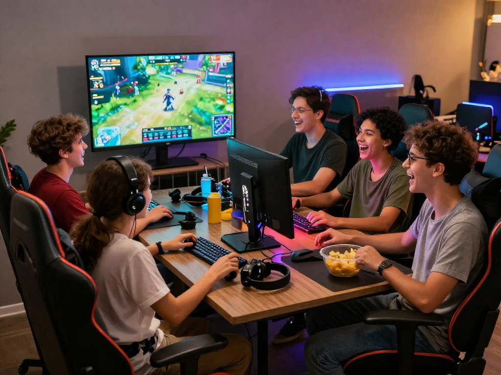 Friends enjoying rokok88 gaming together in a vibrant lounge