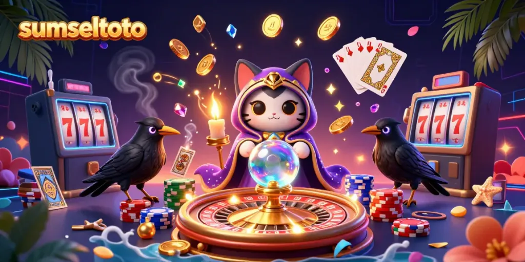 Experience the exciting world of sumseltoto, with a mystical cat, a raven, and casino elements in a vibrant 3D scene.