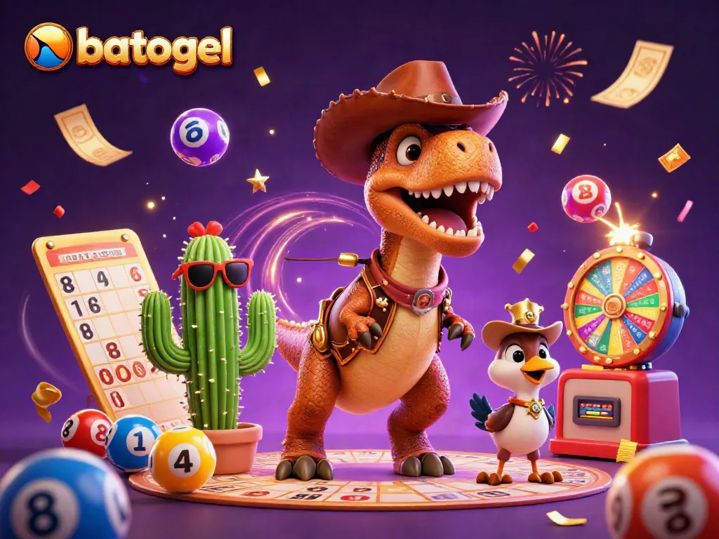 NBATOGEL menampilkan karakter dinosaurus cowboy 3D dan elemen lotere yang meriah.
