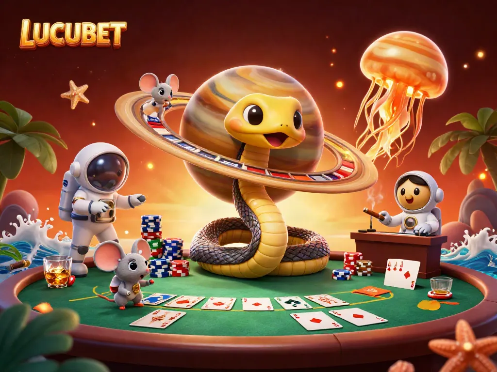 Experience LUCUBET's thrilling atmosphere with a dynamic scene illustrating casino action and vibrant characters.