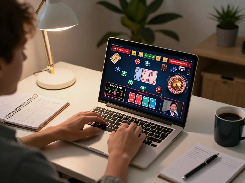 Engage in an exciting online roulette game with rokok88, showcasing live gameplay on a laptop, warm home office setting.