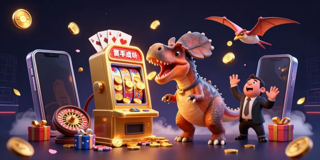 Sun-inspired 3D casino scene with a pachycephalosaurus winning coins from a slot machine, creating an exciting atmosphere.