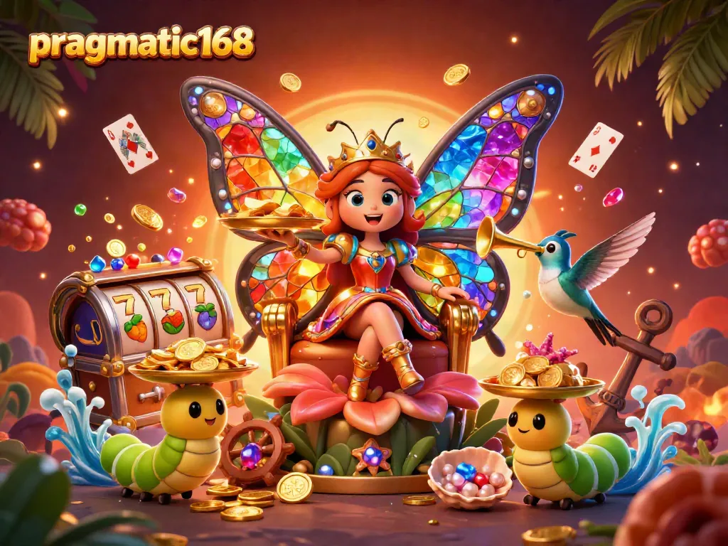 Spin for jackpots on pragmatic168 with a butterfly queen in a vibrant, magical casino scene.